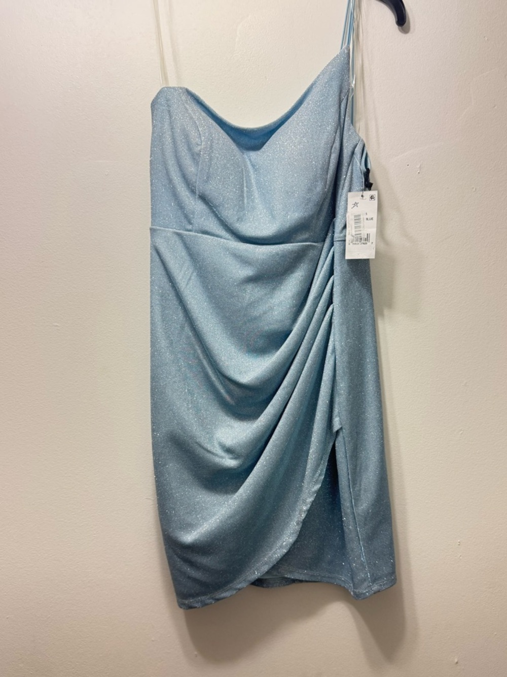 Sequin Light Blue Cowl Neck Mini Dress with Draped Side